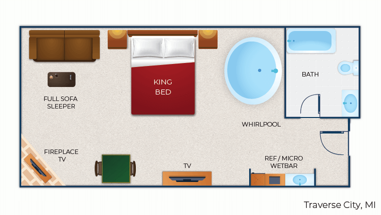 The floor plan for the Whirlpool Fireplace Suite (Balcony/Patio)